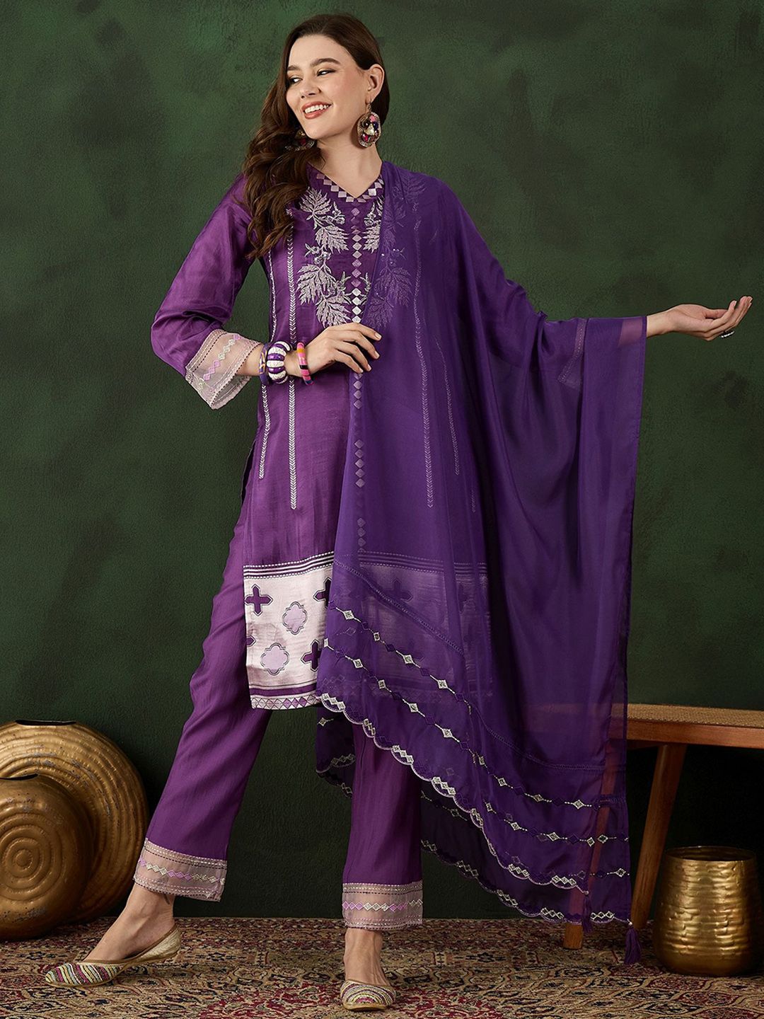 Sangria Embroidered Kurta & Trouser With Dupatta - Distacart