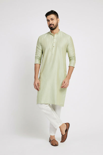 Ethnic India Green Men's Kurta Striped Polyester - Distacart