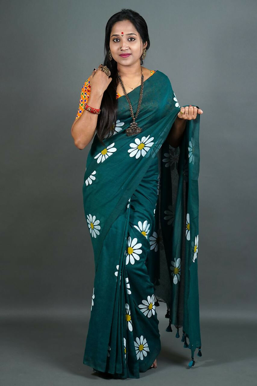 Exclusive Collection Green Pure Cotton Saree With Sunflower Design