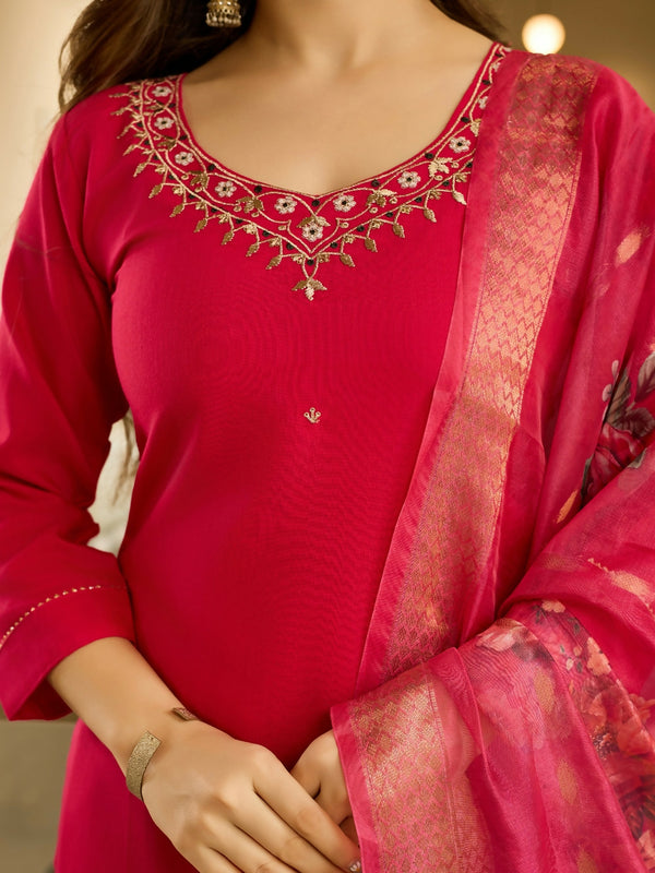 Divine Drape Women's Viscose Embroidered Straight Kurta Pant With Dupatta - Red