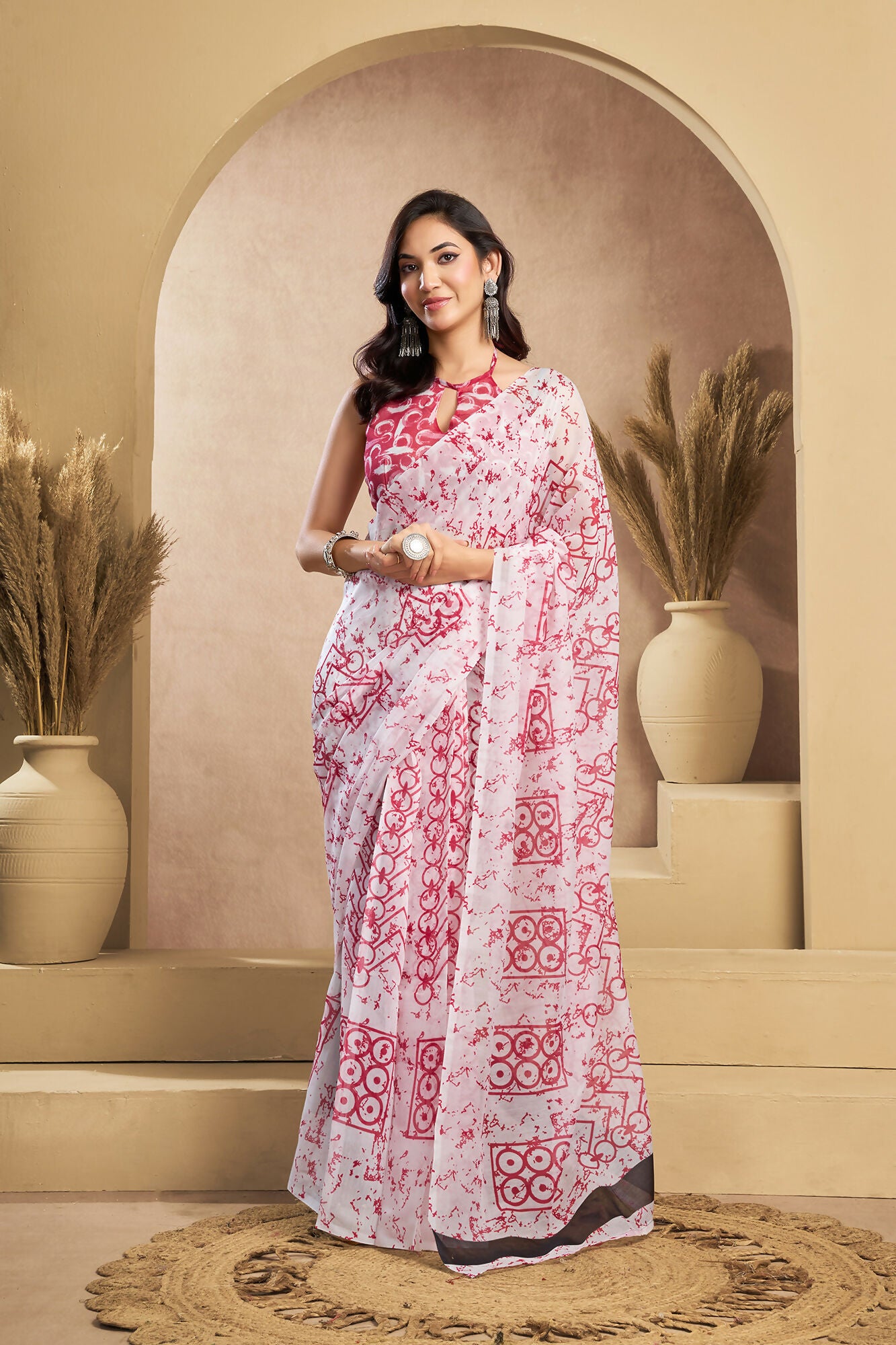 Vastranavya White Red Digital Printed Linen Ready To Wear Designer Saree with Unstitched Blouse - Distacart
