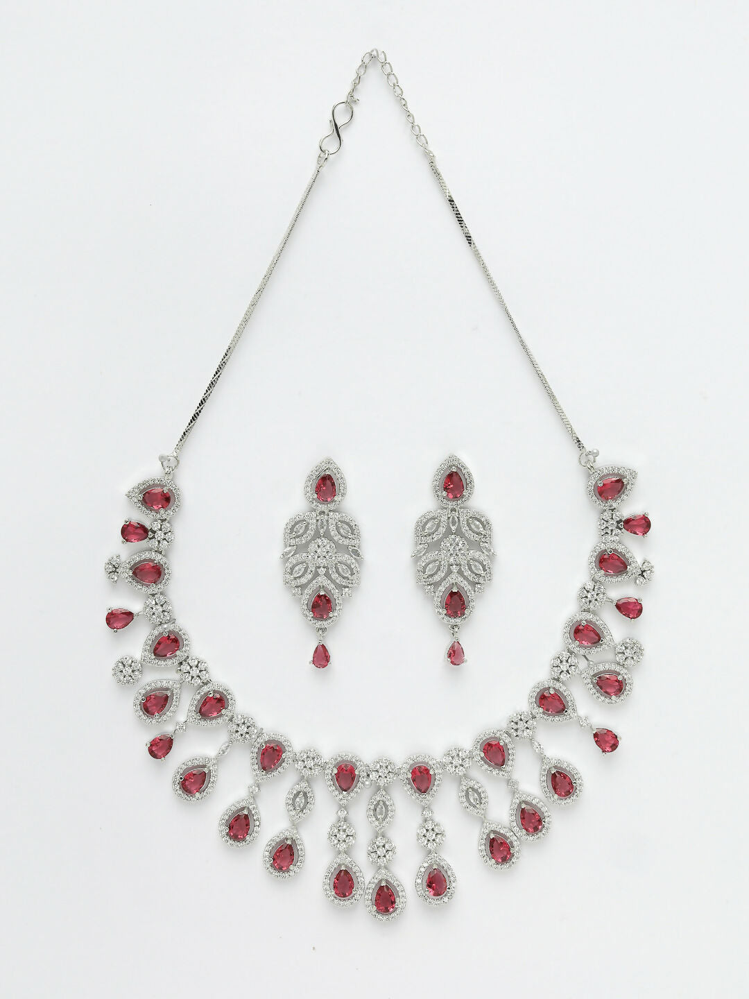 NVR Women's silver plated Maroon CZ stone handcrafted jewellery set - Distacart