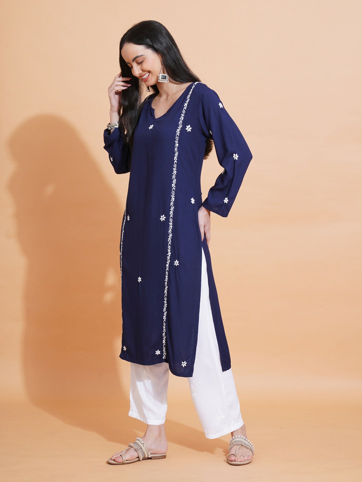 Pahnaz Luxury Rayon Chikankari Long Kurti-Blue - Dista