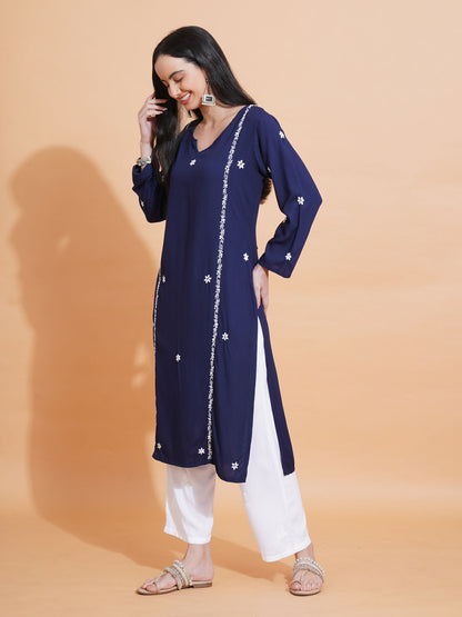 Pahnaz Luxury Rayon Chikankari Long Kurti-Blue - Dista