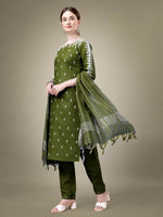 Thumbnail for Jyoti Fashion Women's Mehendi Cotton Blend Embroidery & Sequence work Kurta with Trouser & Dupatta - Distacart