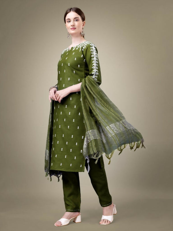 Jyoti Fashion Women's Mehendi Cotton Blend Embroidery & Sequence work Kurta with Trouser & Dupatta - Distacart