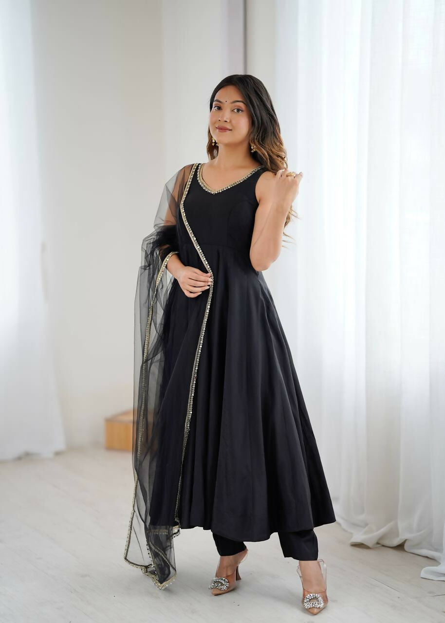 Preksha Creation Black Wedding Special Women Pure Roman Silk Chanderi Fabric Anarkali Gown With Dupatta And Pant