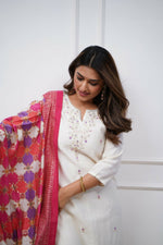 Thumbnail for The52 Off White Beautiful Embroidered Viscose Chanderi Fabric Straight Kurta Pant with Dupatta Set - Distacart