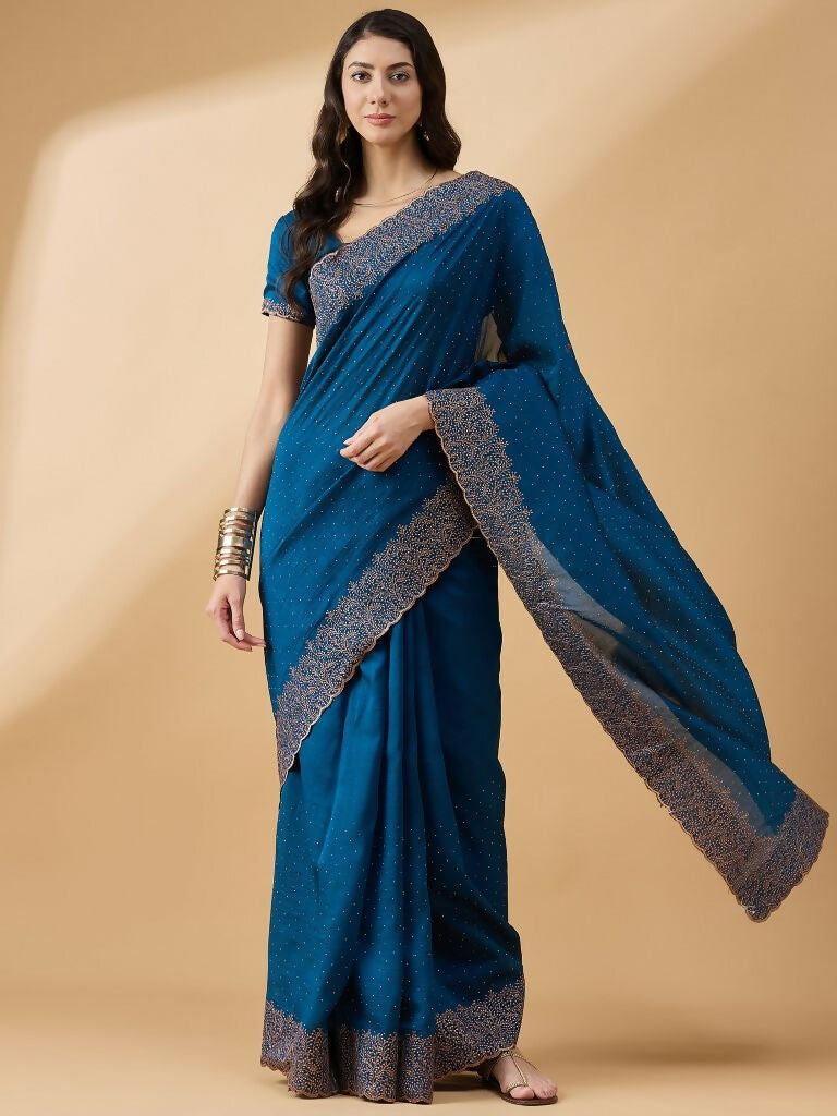 Blue Silk Blend Embroidered Saree with Unstitched Blouse - Vairagi - Distacart