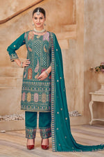 Thumbnail for Anaita Teal Vichitra Silk Readymade Suit with Embroidery & Lace Work - Distacart