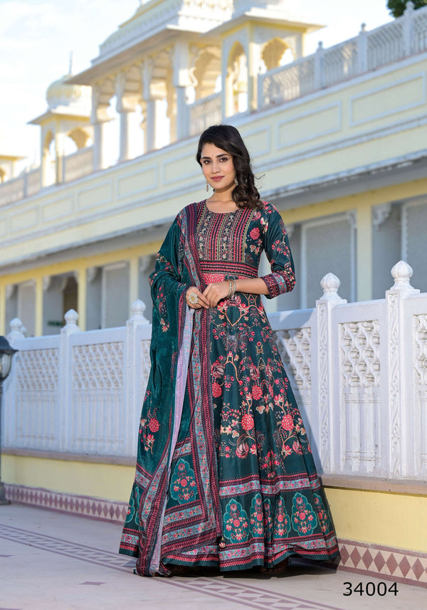 Partywear Designer Green Dola Silk Anarkali suit with Dupatta - Suzen - Distacart