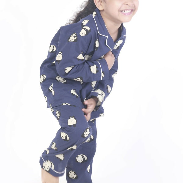 Breathables Kids Cotton Night Suit – Blue Panda Print Shirt & Pyjama Co-Ord Set For Boys & Girls - Dista