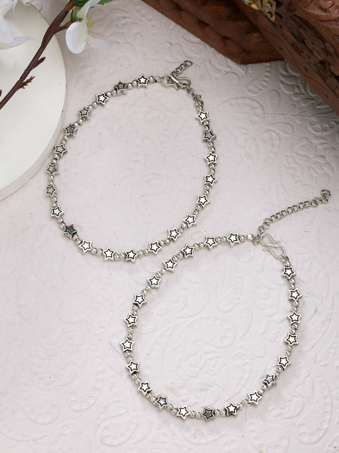 NVR Women's Set of 2 Silver-Plated Star Design Anklets - Distacart