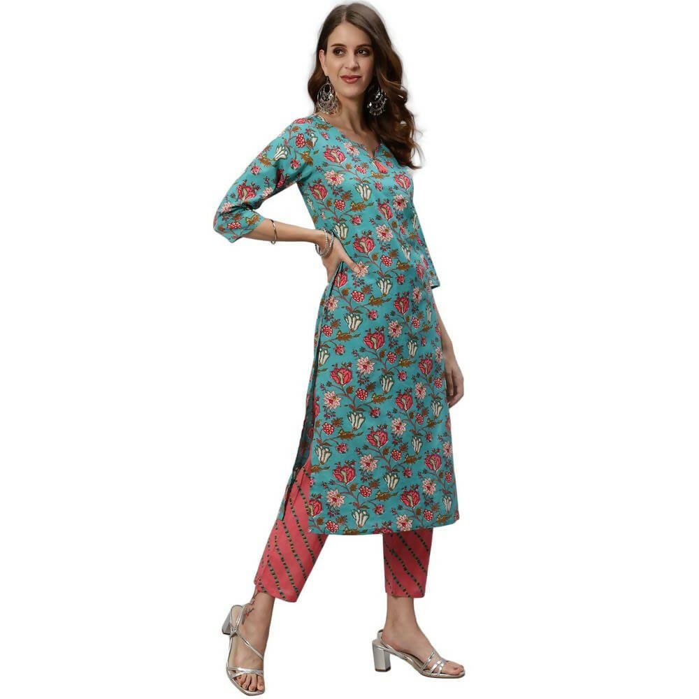 Anubhutee Women's Cotton Regular Floral Printed Green Kurta Set - Distacart