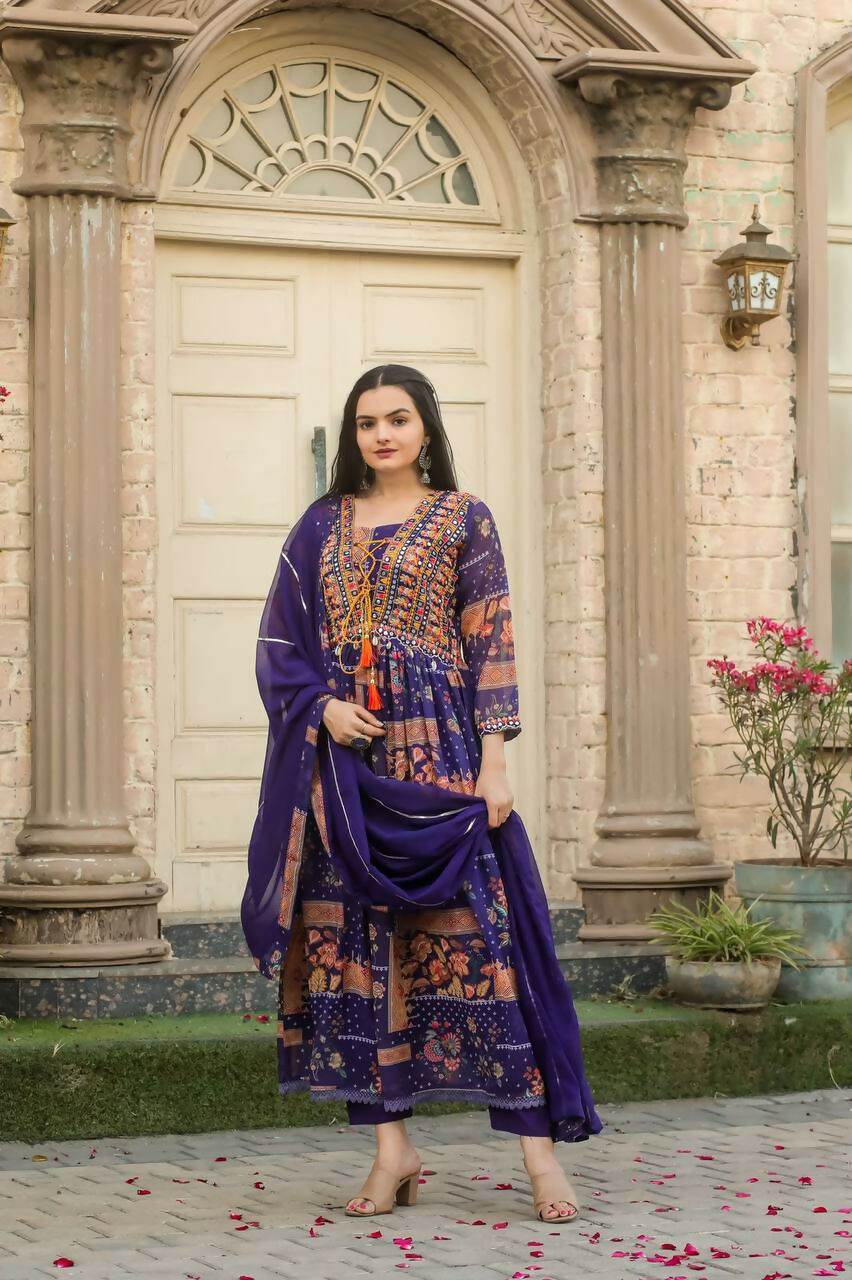 Preksha Creation Georgette Women Suit Set With Intricate Hand Embroidery With Dupatta And Bottom - Purple - Distacart