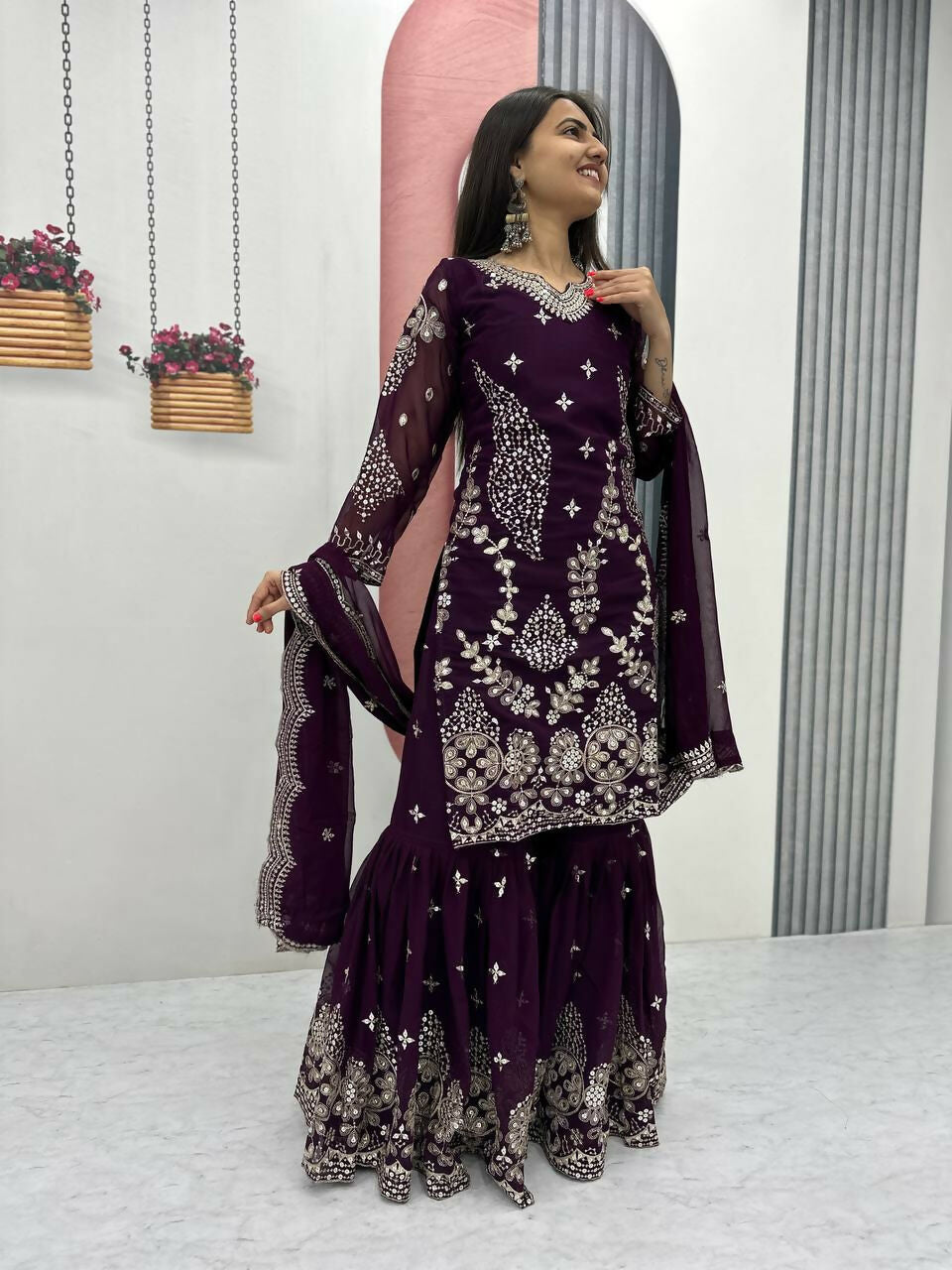 Teeya Creation Womens New Heavy Fox Georgette Fabric With Heavy Embroidery Work Wine Kurta Set - Dista