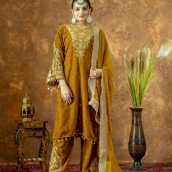 Joban Fashion Mustard Gold Velvet Embroidery Kurta Set - Distacart