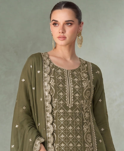 KC Mahendi Green Pakistani Straight Suit For Women Chiffon - Dista