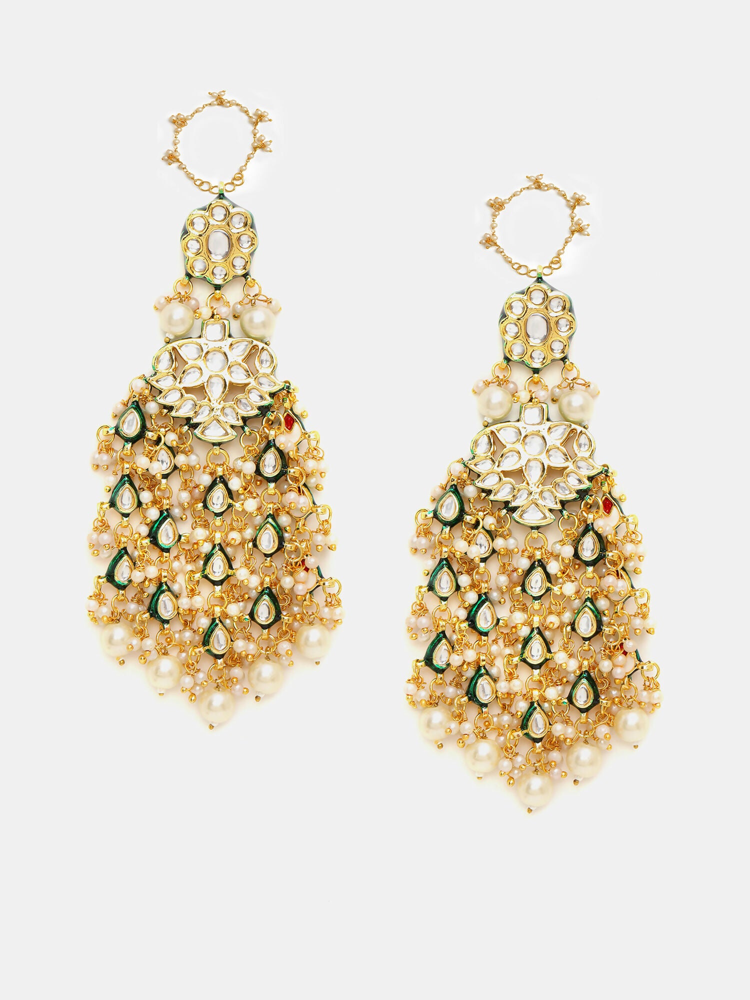 Ruby Raang 22k Gold Polished Kundan Chand Earrings With Ear Chains