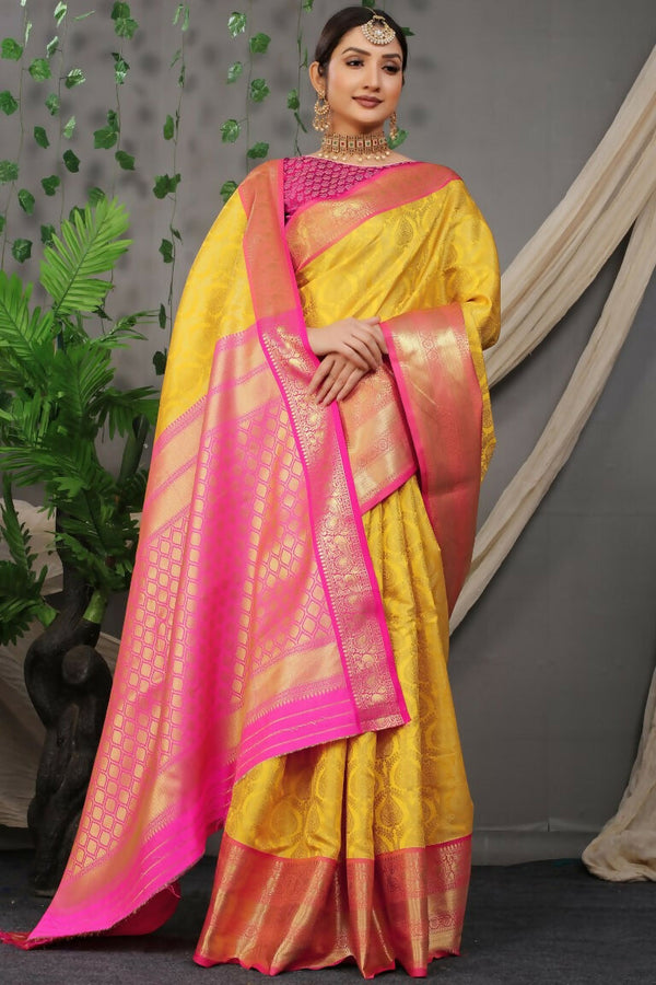 Jyoti Fashion Women's Yellow Kanjivaram Silk Zari Woven Saree with Blouse - Distacart