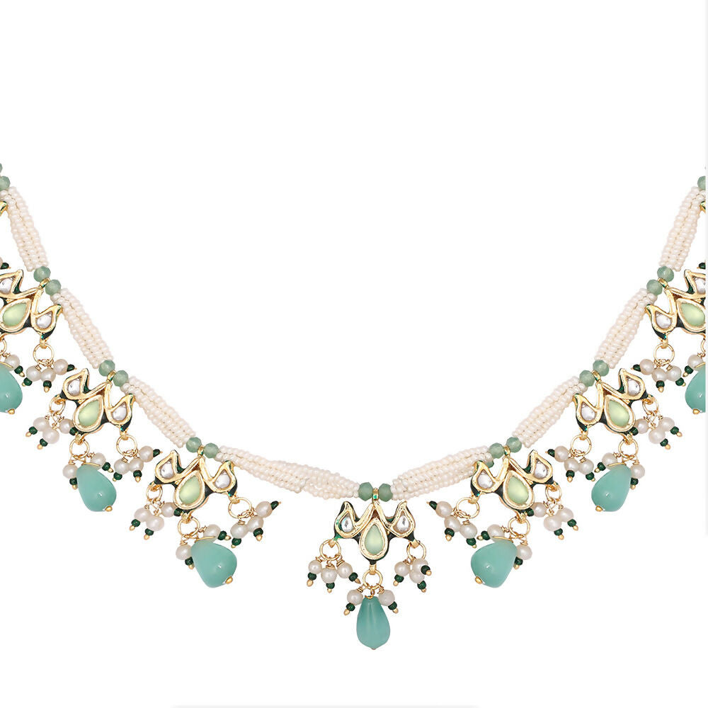 Nuyug 22K Gold Plated Pearl Empress Flora Green Stone Drops Necklace Set