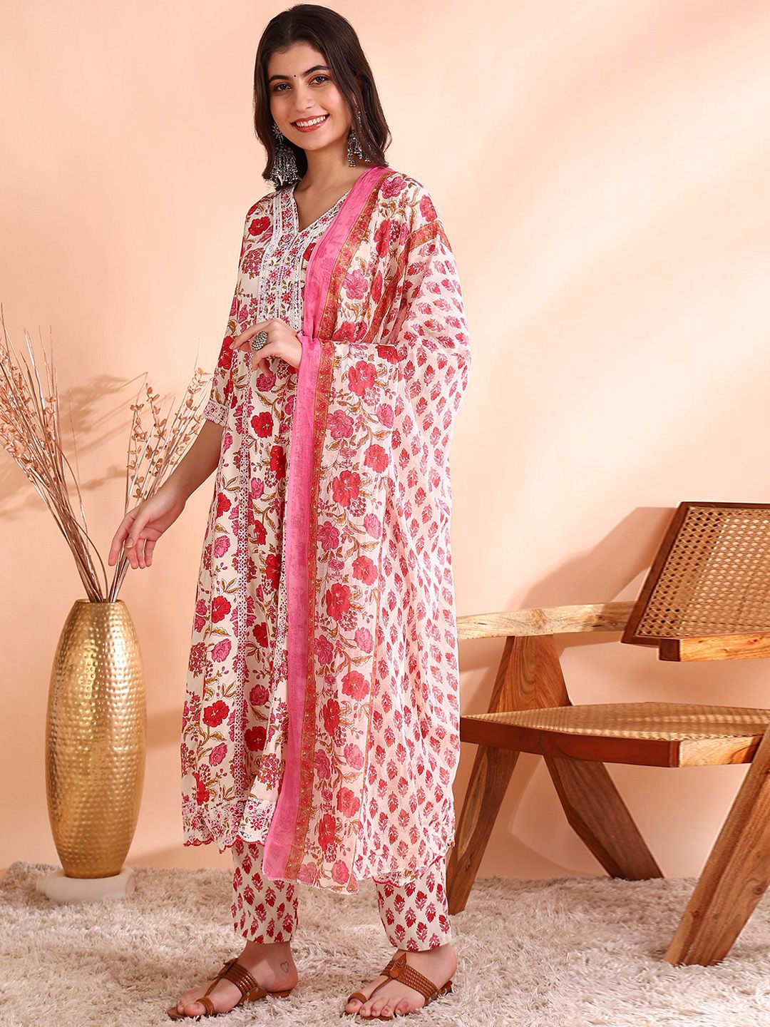 Ode by House of Pataudi Thread Work Pure Cotton Anarkali Kurta with Trousers & Dupatta - Distacart