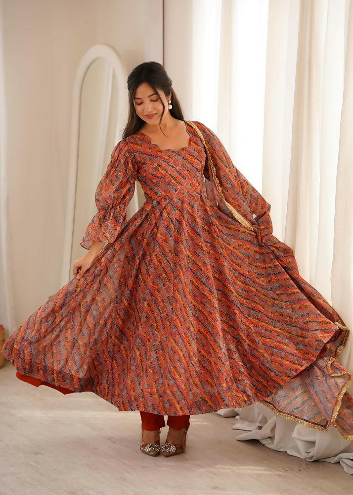 Teeya Creation Women's Multicolour Printed Ethnic Gown with Bell Sleeves and Designer Dupatta - Dista