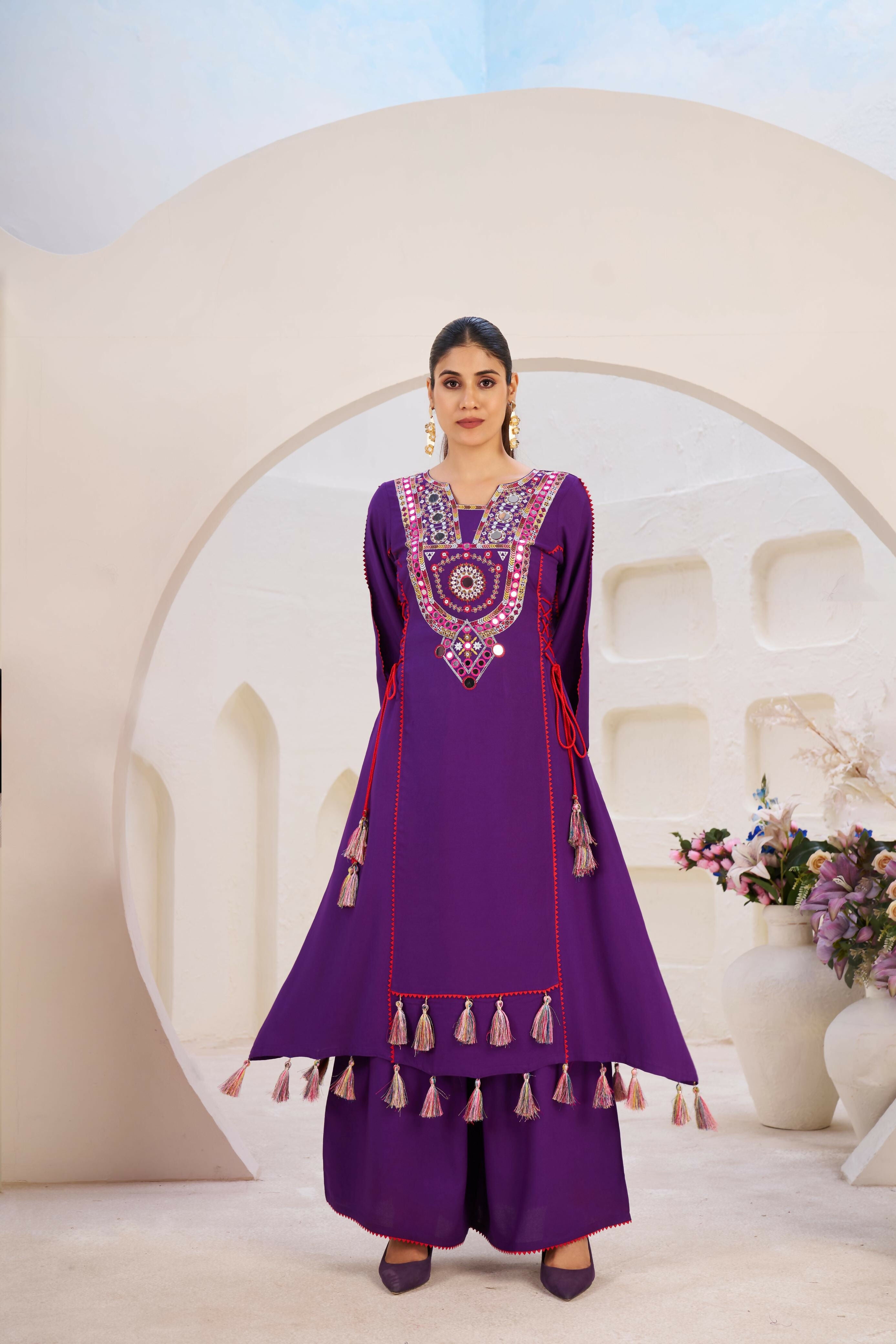 Joban Fashion Purple Palazzo Rayon Coding Dori with Sequence with Rivet Moti