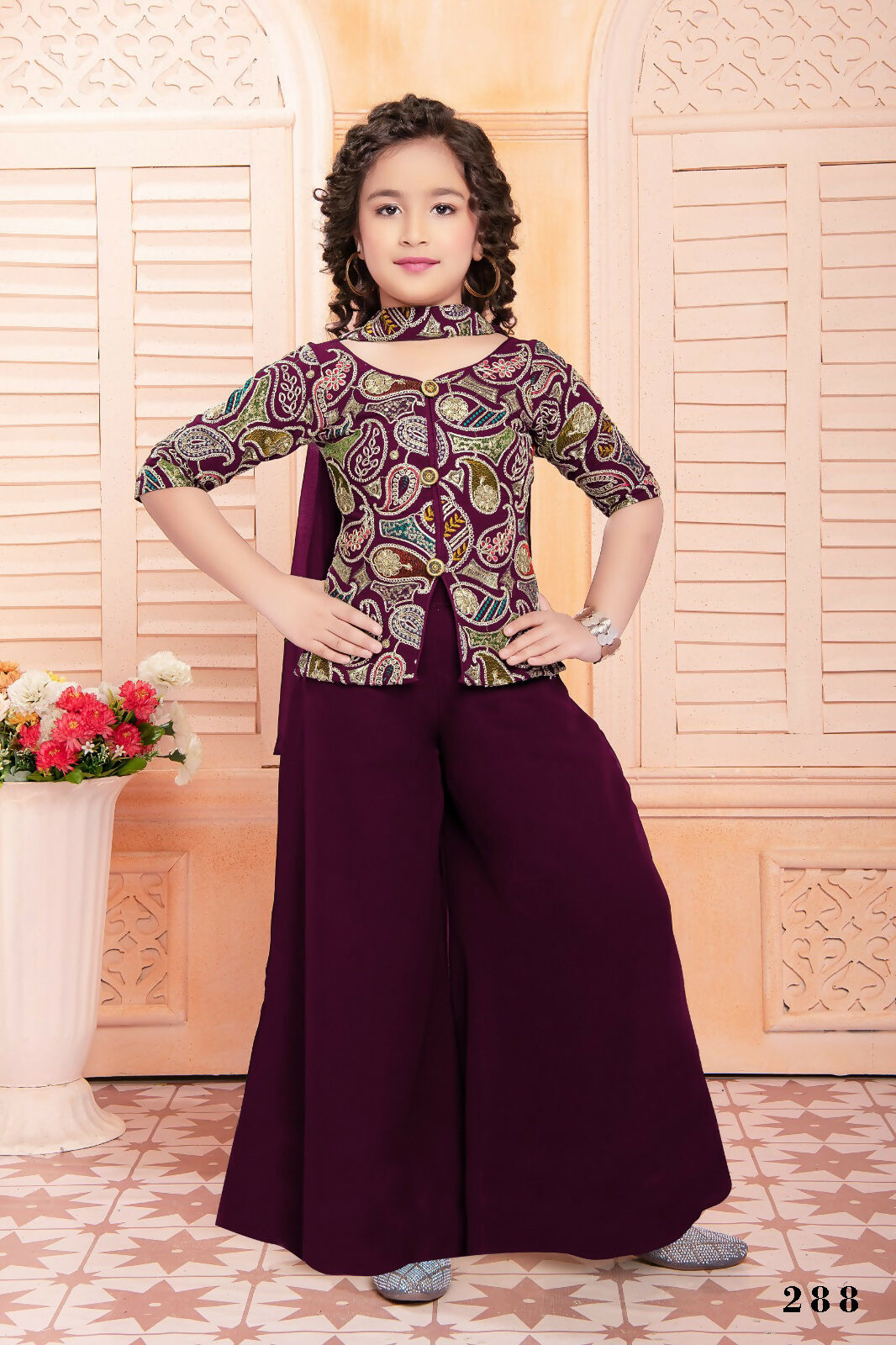 Kids Functional Designer Wine Georgette Shrara suit - Aaradhna - Distacart