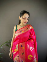 Thumbnail for Joban Fashion Rani Pink Zari Woven Floral Motifs Soft Silk Paithani Silk Saree - Distacart