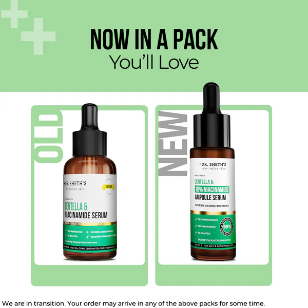 Dr. Sheth's Centella & 10% Niacinamide Face Serum For Acne Scars, Acne Marks, Redness & Skin Irritation, For All Skin Types - Dista