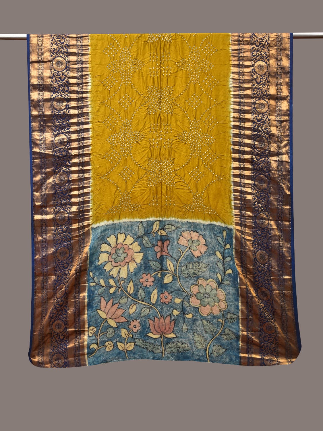 Olive and Blue Bandhani Kanchipuram Silk Handloom Dupatta with Kalamkari Design - Global Threads - Distacart