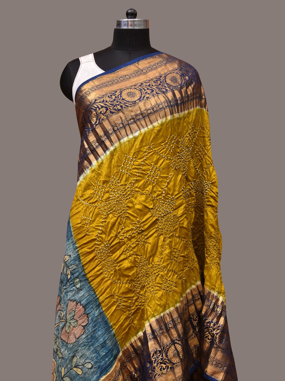 Olive and Blue Bandhani Kanchipuram Silk Handloom Dupatta with Kalamkari Design - Global Threads - Distacart