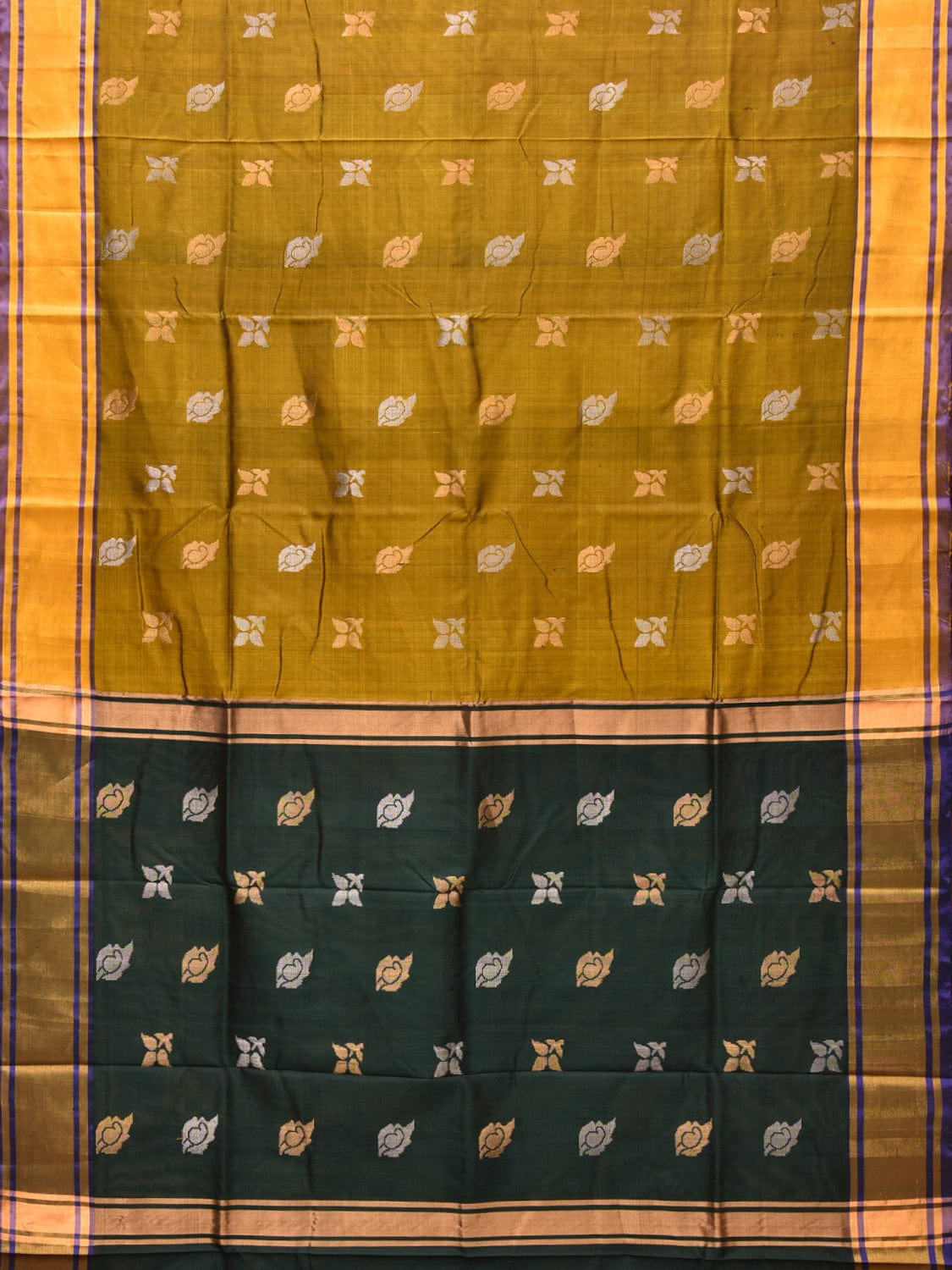 Olive and Dark Green Uppada Silk Handloom Saree with Buta Design - Global Threads - Distacart