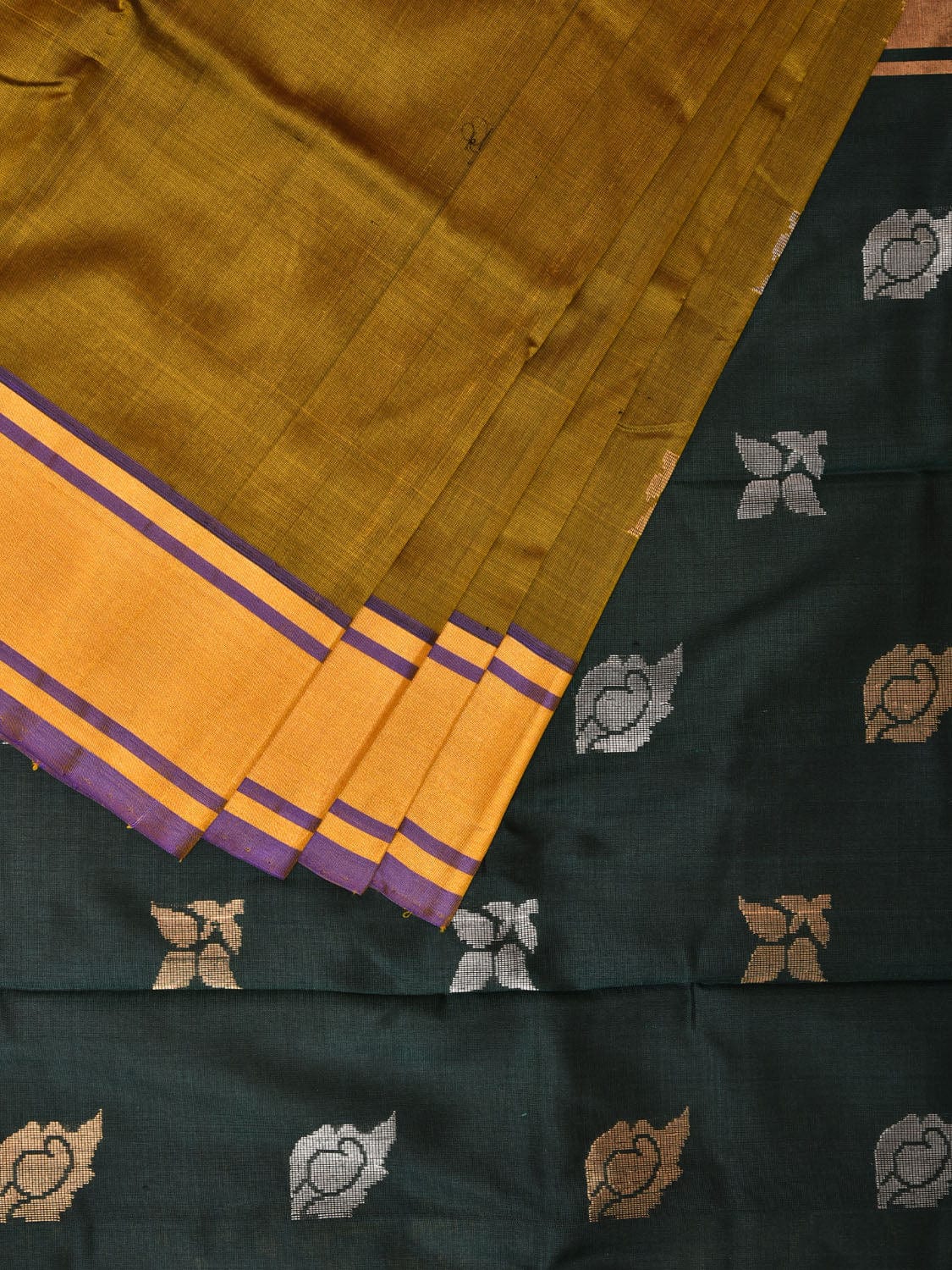Olive and Dark Green Uppada Silk Handloom Saree with Buta Design - Global Threads - Distacart