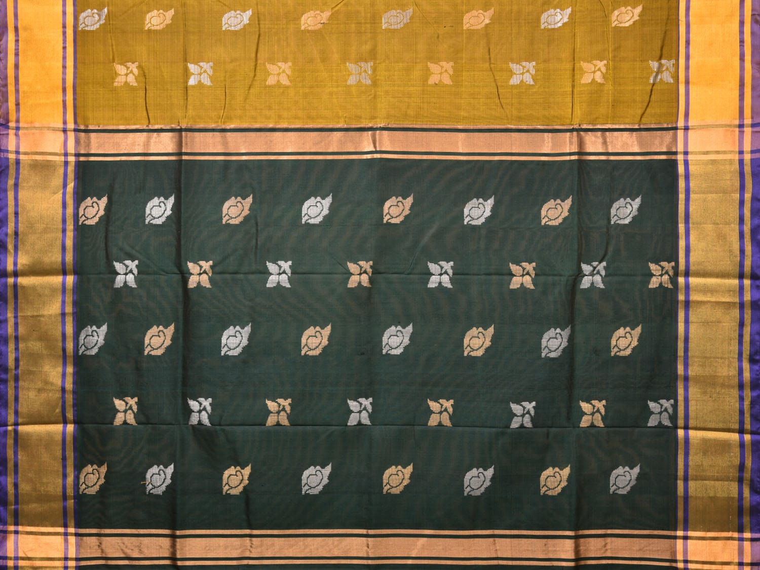 Olive and Dark Green Uppada Silk Handloom Saree with Buta Design - Global Threads - Distacart