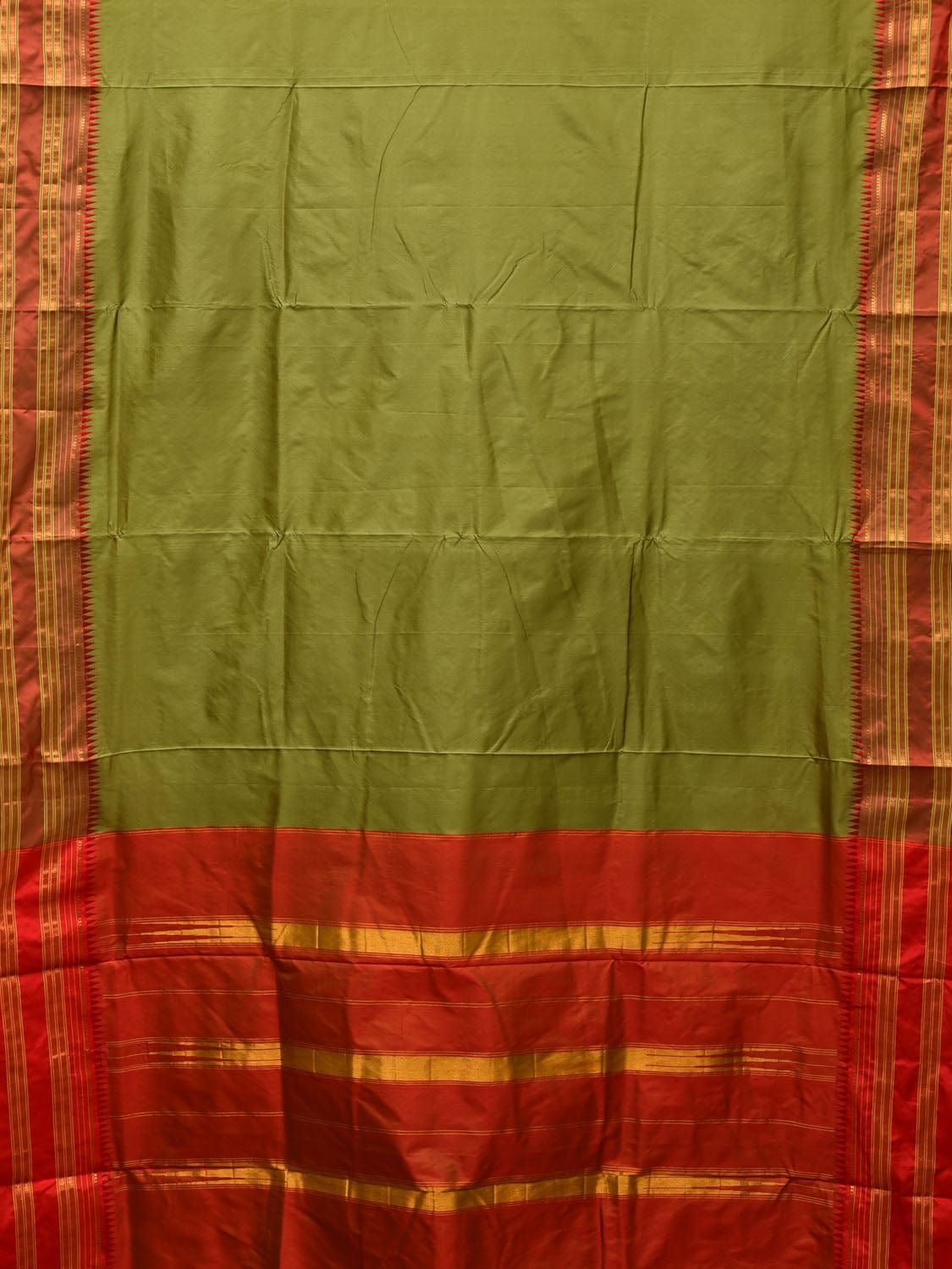 Olive and Red Narayanpet Silk Handloom Plain Saree with Traditional Border Design No Blouse - Global Threads - Distacart