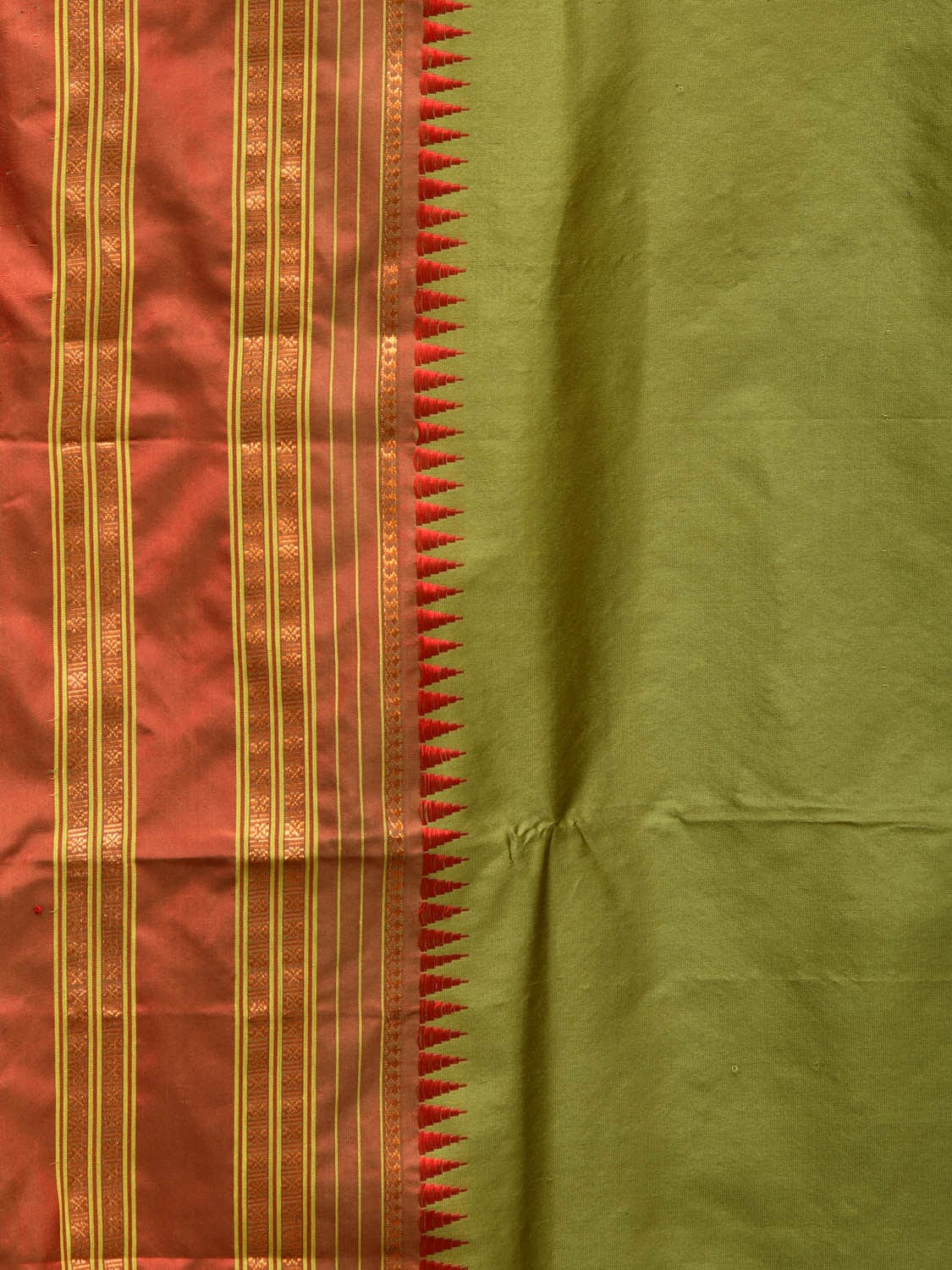 Olive and Red Narayanpet Silk Handloom Plain Saree with Traditional Border Design No Blouse - Global Threads - Distacart