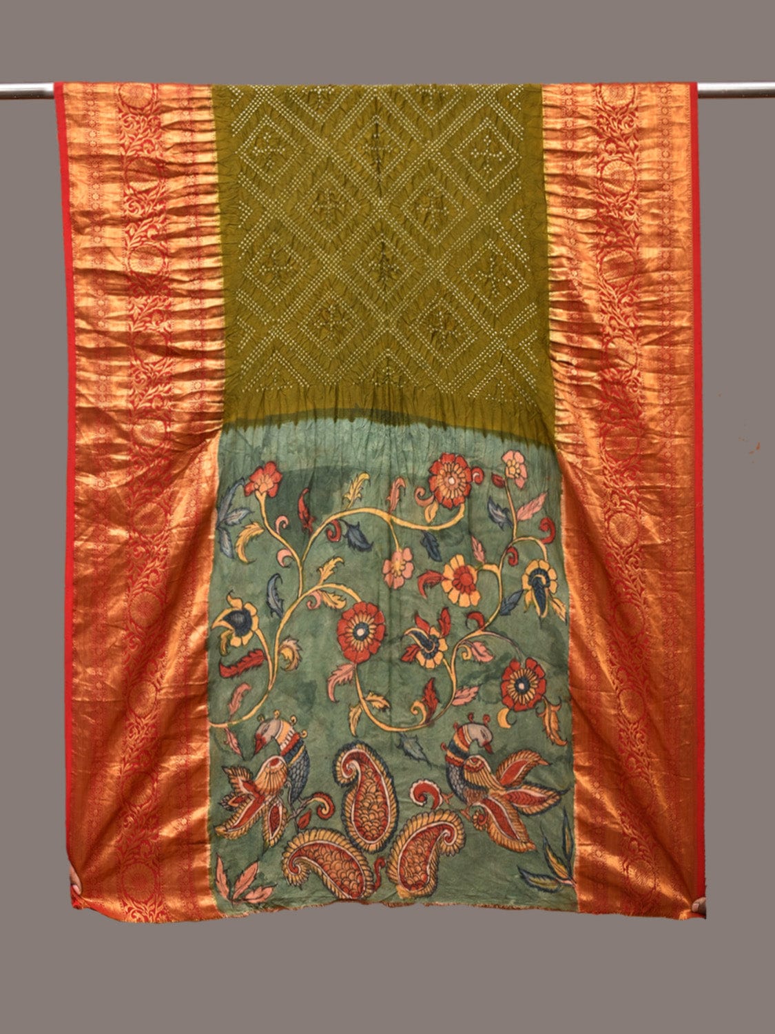 Olive and Sea Green Bandhani Kanchipuram Silk Handloom Dupatta with Kalamkari Floral Work Design - Global Threads - Distacart