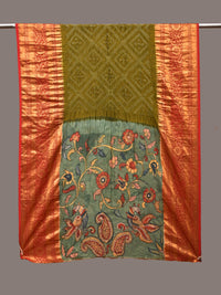 Thumbnail for Olive and Sea Green Bandhani Kanchipuram Silk Handloom Dupatta with Kalamkari Floral Work Design - Global Threads - Distacart