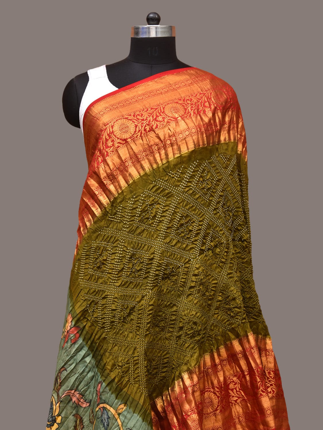 Olive and Sea Green Bandhani Kanchipuram Silk Handloom Dupatta with Kalamkari Floral Work Design - Global Threads - Distacart