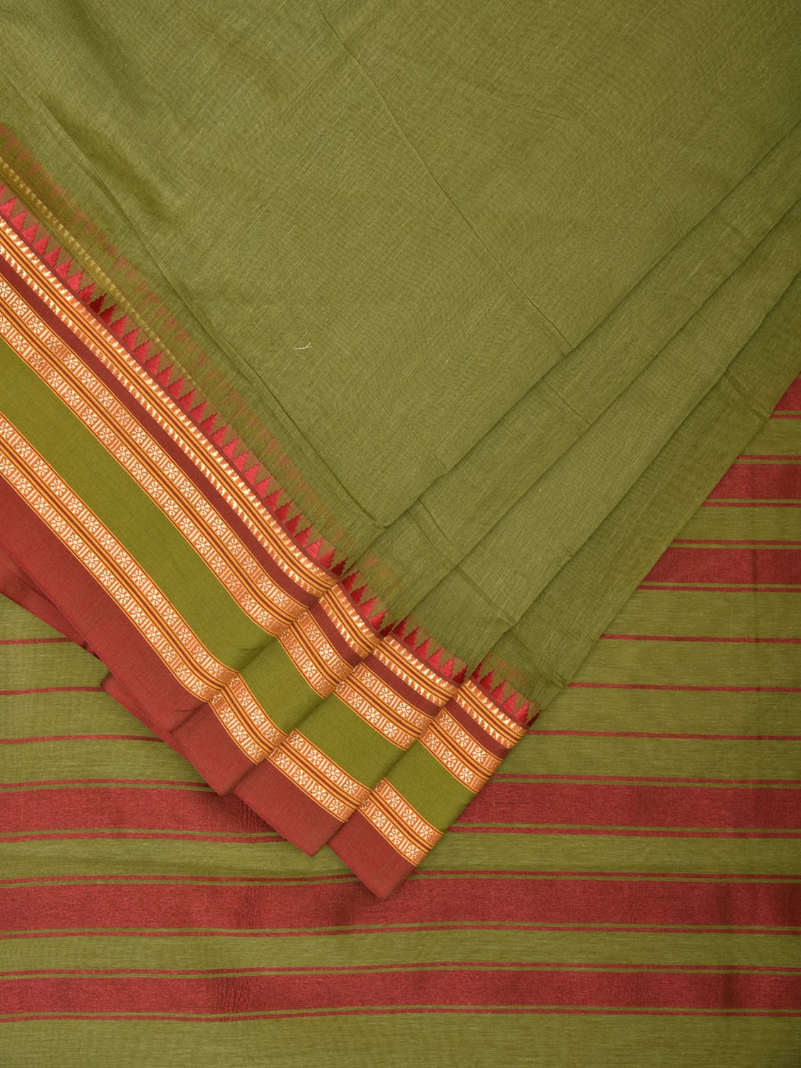 Olive Bamboo Cotton Plain Saree with Temple Border Design - Global Threads - Distacart