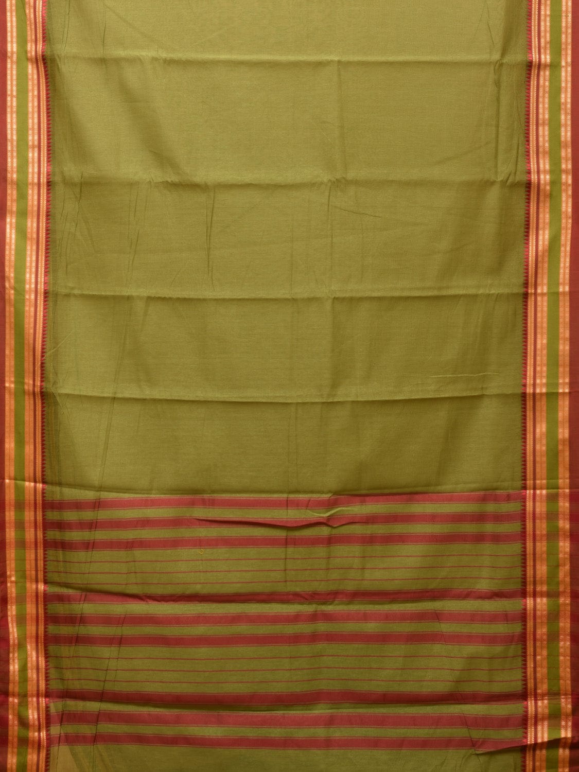 Olive Bamboo Cotton Plain Saree with Temple Border Design - Global Threads - Distacart