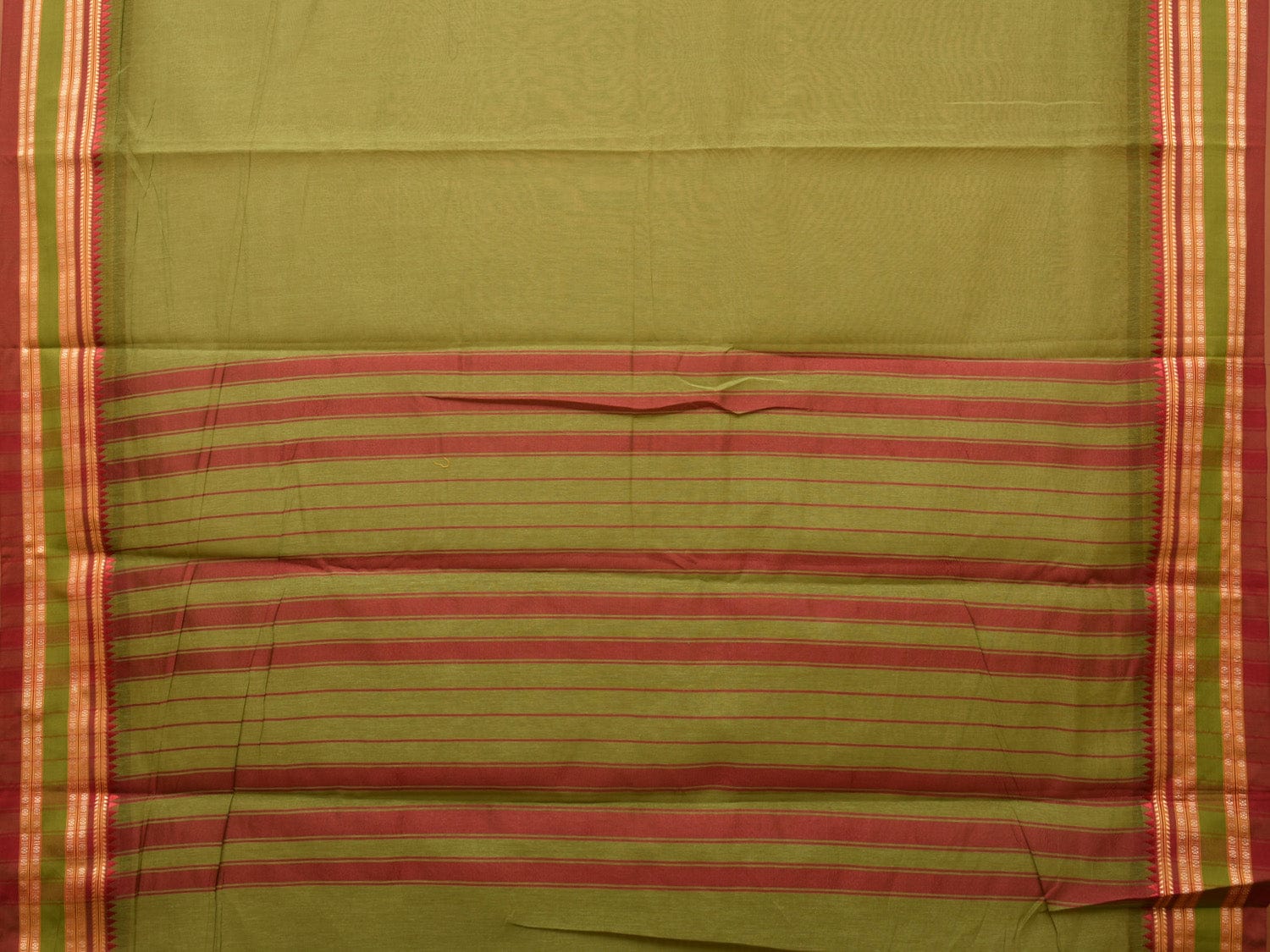 Olive Bamboo Cotton Plain Saree with Temple Border Design - Global Threads - Distacart