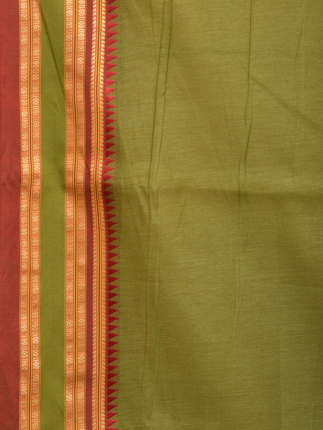 Olive Bamboo Cotton Plain Saree with Temple Border Design - Global Threads - Distacart