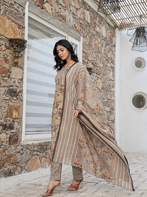 Yufta Olive Green Cotton Straight Kurta Set With Handwork