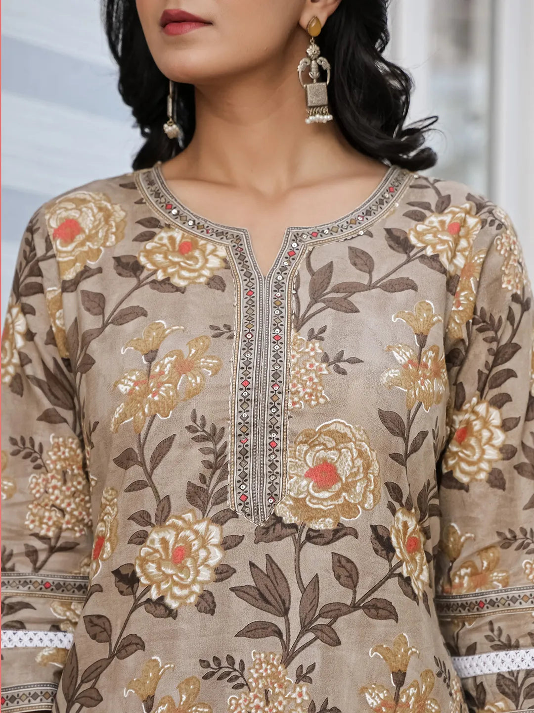 Yufta Olive Green Cotton Straight Kurta Set With Handwork