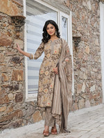 Thumbnail for Yufta Olive Green Cotton Straight Kurta Set With Handwork