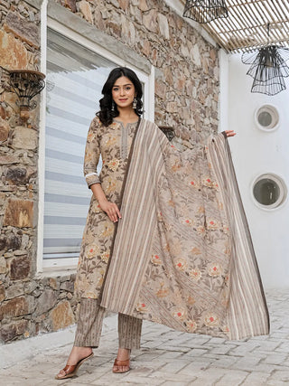Yufta Olive Green Cotton Straight Kurta Set With Handwork