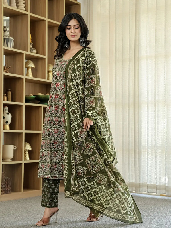 Yufta Olive Green Ethnic Motifs A-Line Kurta Trouser Dupatta Set With Bucket Neck